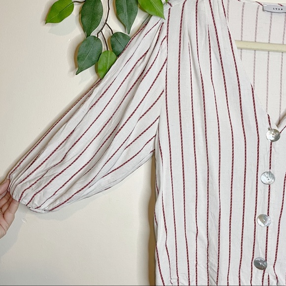 Lush Linen Blend Button Front Striped Puff 3/4 Sleeves Top Blouse Size Medium - Picture 5 of 7
